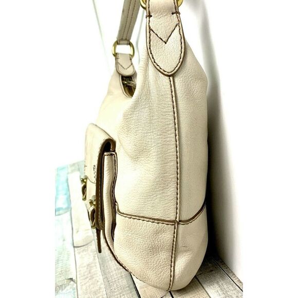 VINTAGE FOSSIL IVORY GENUINE LEATHER MEDIUM HOBO TOTE SHOULDER BAG HANDBAG PURSE - Picture 4 of 11